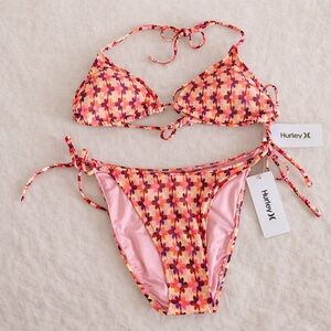 HURLEY Floral Triangle Bikini Set Side Tie Swimwear Size Large